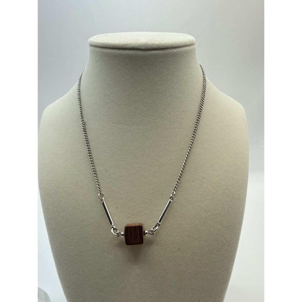 Sarah Coventry Vintage‎ Wooden Cube Pendant Necklace Silver Tone Bar Accent 15in